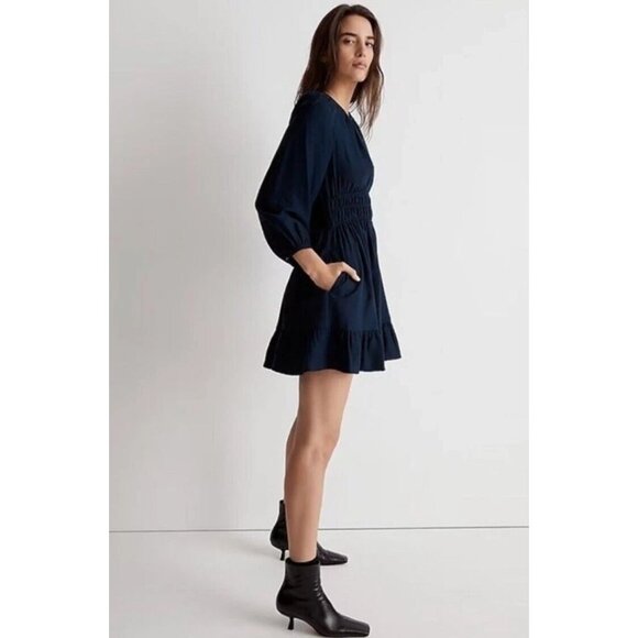 NEW Madewell Sophia Open Back Mini Dress Pockets Blue Balloon Sleeve Boho size L - Picture 3 of 15